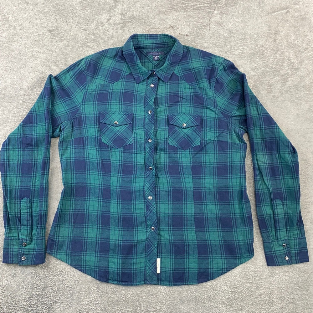 Tommy Hilfiger Women's Plaid Flannel‎ Snap Button Western Shirt XL Christmas